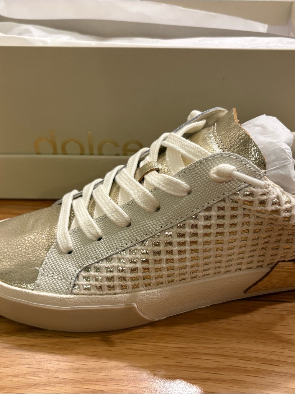 Dolce Vita Cream and Gold Mesh Lace-Up Sneaker